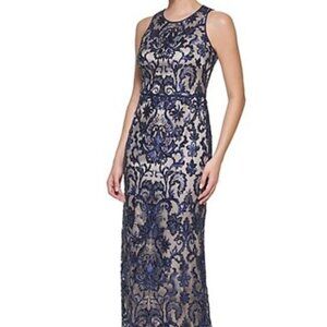 Navy Sleeveless Embroidered Sequin Gown